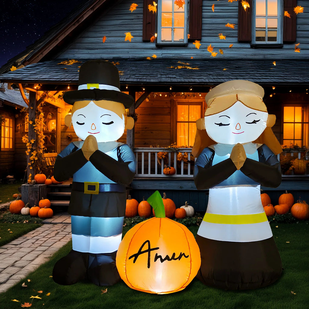 5FT Thanksgiving Pilgrim Inflatables Decor, Thankful Prayer Boy and Girl Pilgrim Decor with Pumpkin Devout Fall Yard Party Decor