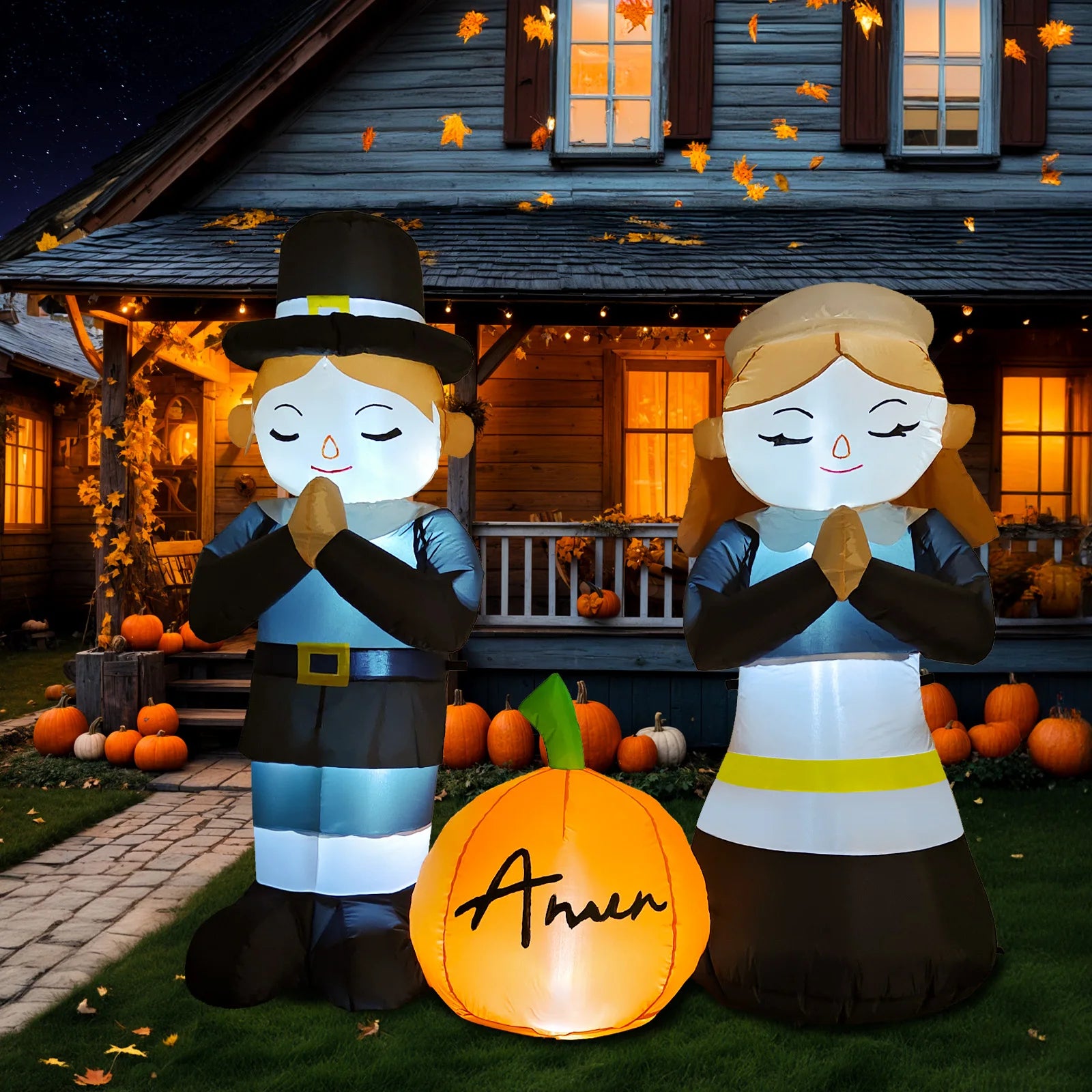 5FT Thanksgiving Pilgrim Inflatables Decor, Thankful Prayer Boy and Girl Pilgrim Decor with Pumpkin Devout Fall Yard Party Decor