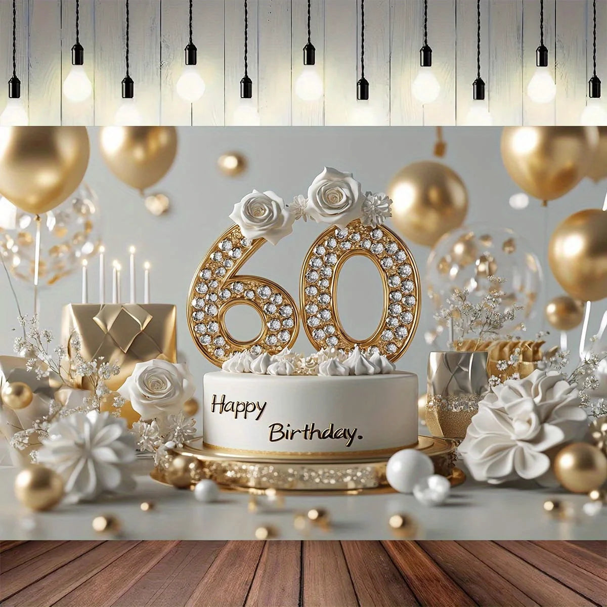 An elegant 60th anniversary birthday piece, featuring golden balloons, white roses, a decorated cake and a glittering "60".