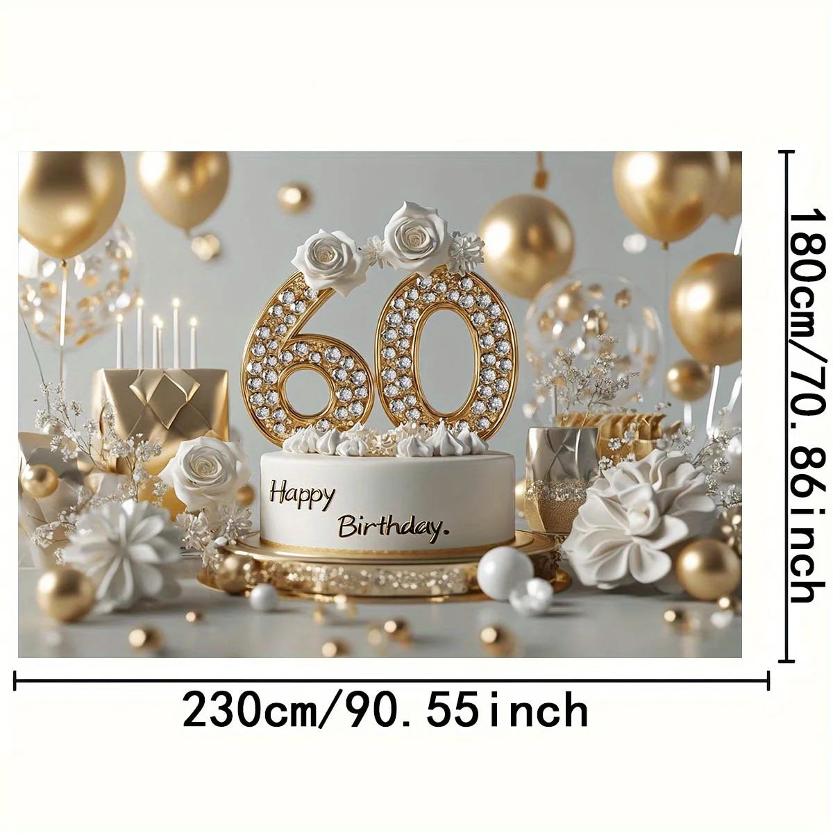 An elegant 60th anniversary birthday piece, featuring golden balloons, white roses, a decorated cake and a glittering "60".