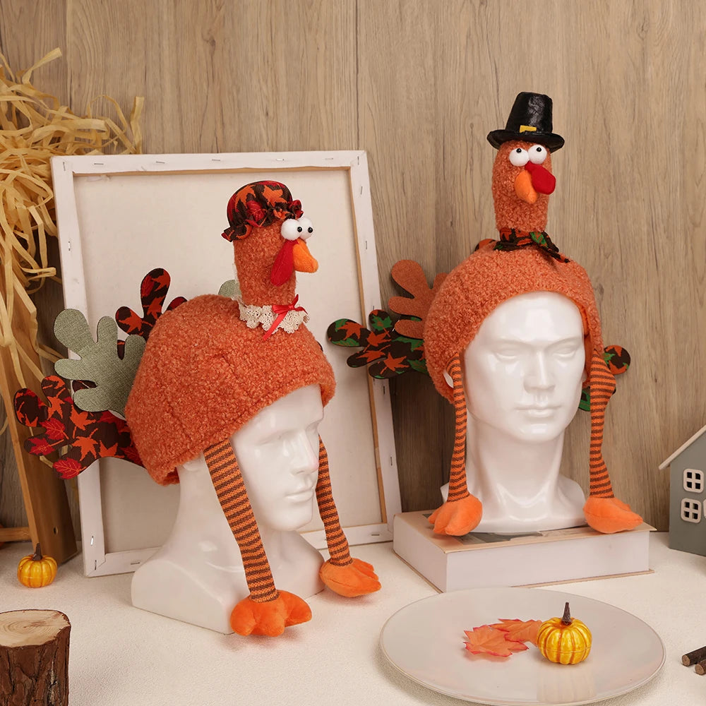 2PCS Thanksgiving decoration, creative plush turkey hat holiday home decoration and role-playing, suitable for adults