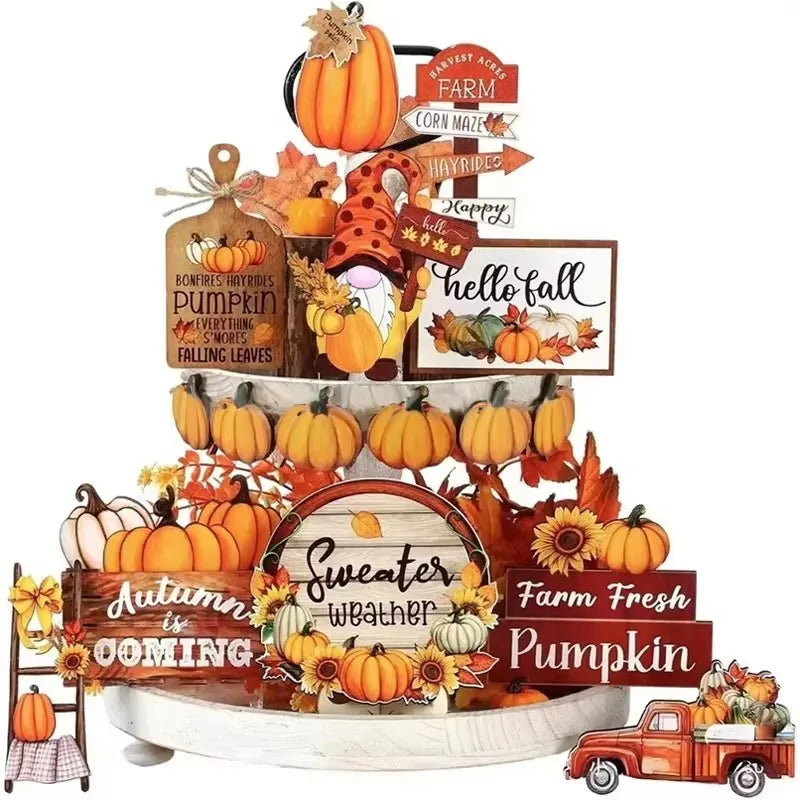 Thanksgiving Day Wooden Desktop Ornament Table Decoration Fall Harvest Tiered Tray Decor Pumpkin Maple Leaf Accents Farmhouse