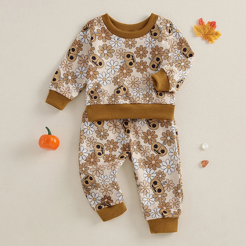 Baby Boys Halloween Costumes Spider Web Print Hoodie and Pants 2Pcs Set Toddler Fall Outfits with Pumpkin Design