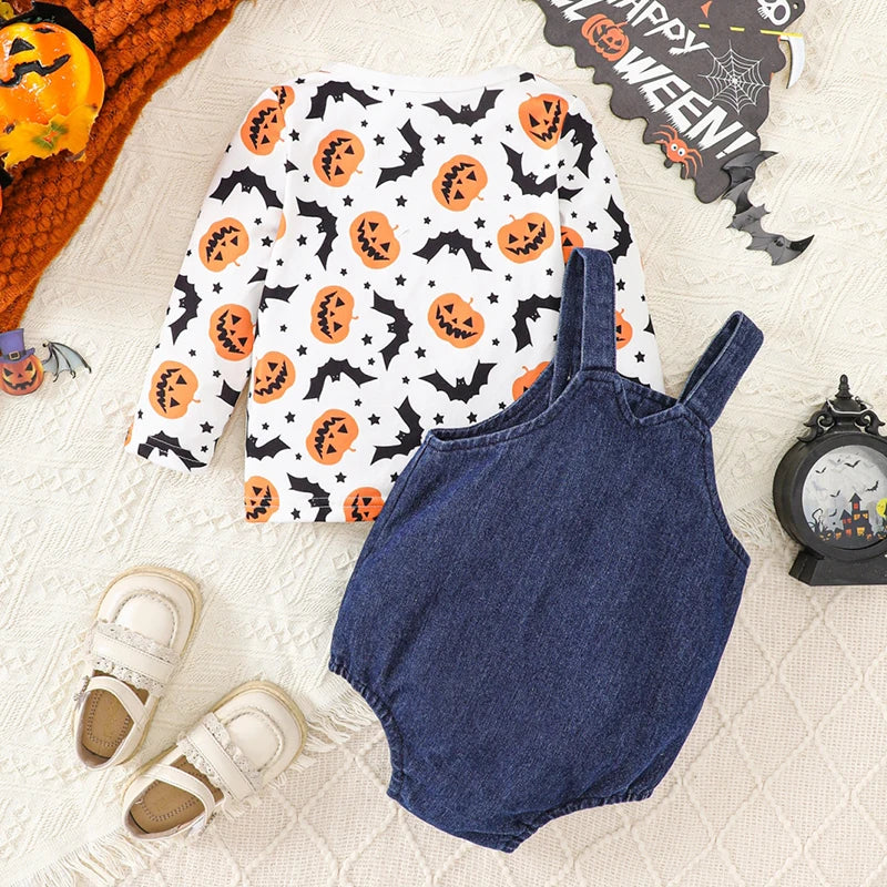 3Pcs Toddler Halloween Costumes Set Long Sleeve Ghost Witch Print Tops Pants Hat Infant Clothes for Party