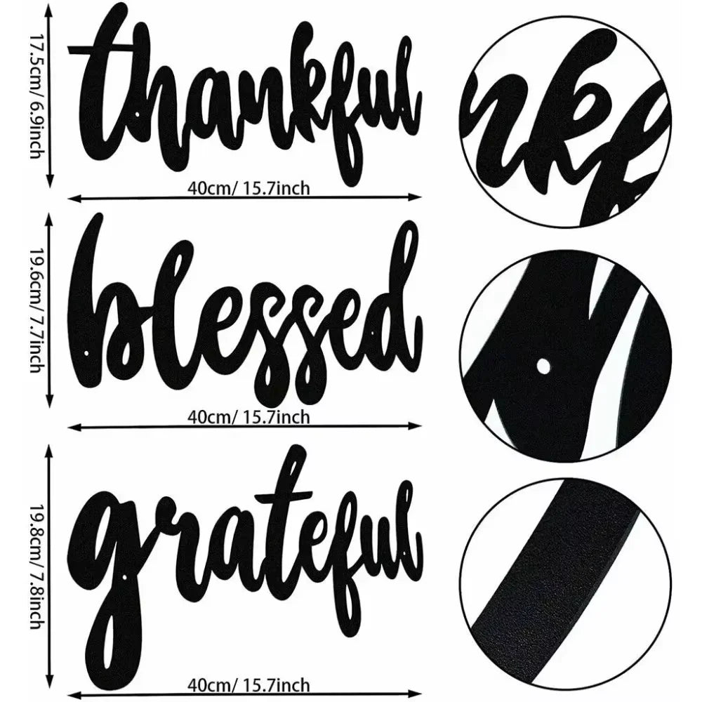 3pc Wall Sign Set for Thanksgiving - “Thankful,” “Grateful,” “Blessed.” Decorative Iron Craft & Hanging.