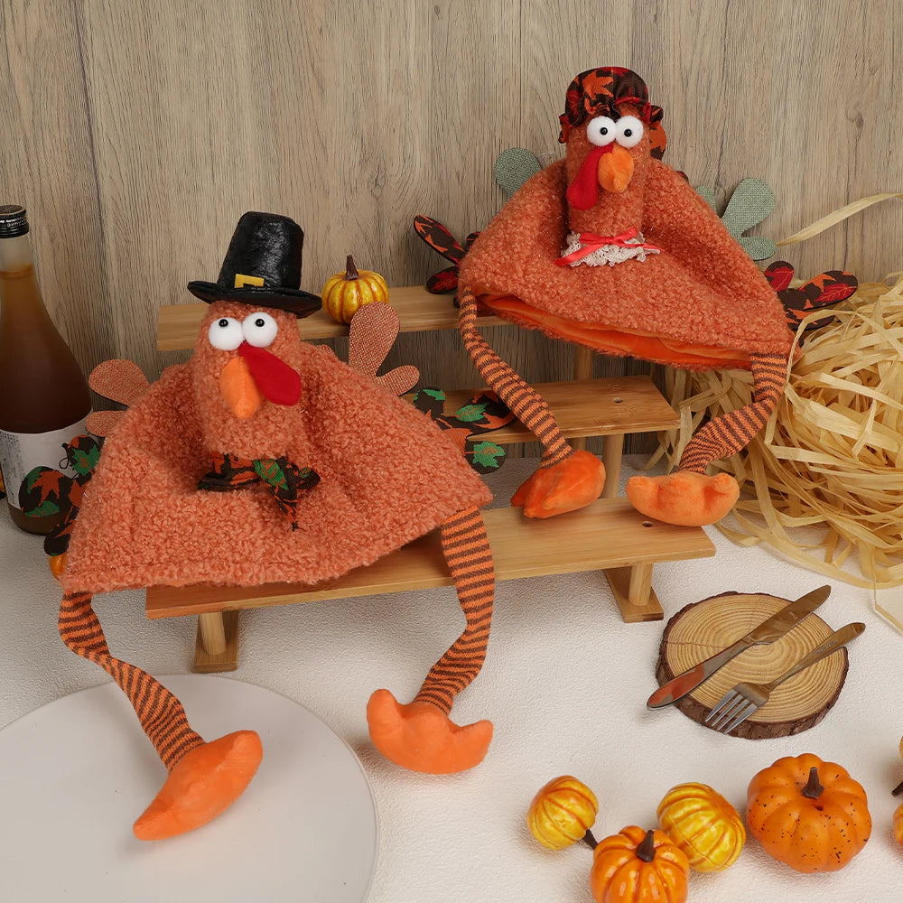 2PCS Thanksgiving decoration, creative plush turkey hat holiday home decoration and role-playing, suitable for adults