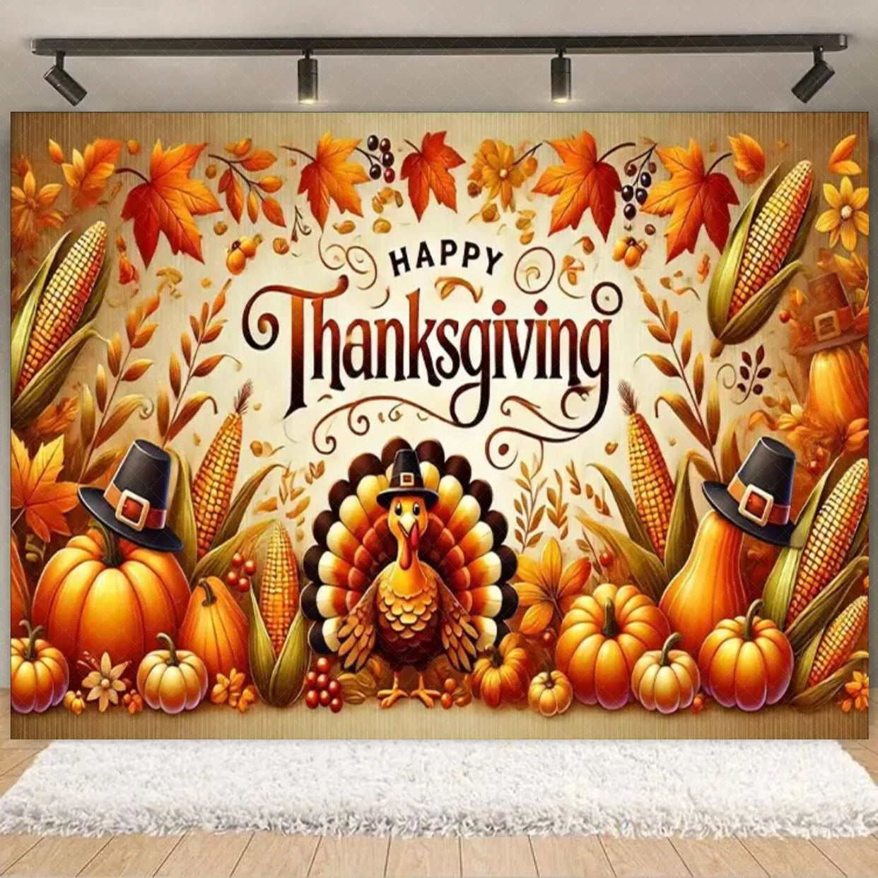 Autumn Harves Happy Thanksgiving Background Pumpkin Turkey Orange Backdrop Banner Party Decorations Supplies Family Party Gifts