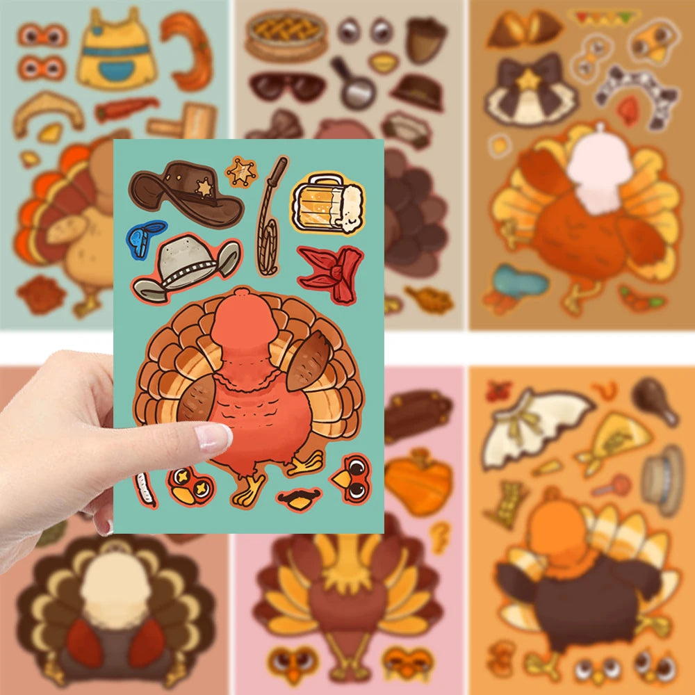 8/16/32pcs Cartoon Thanksgiving Day Sticker Funny Turkey Cute Children DIY Puzzle Make A Face Stickers Kids Educational Toys﻿