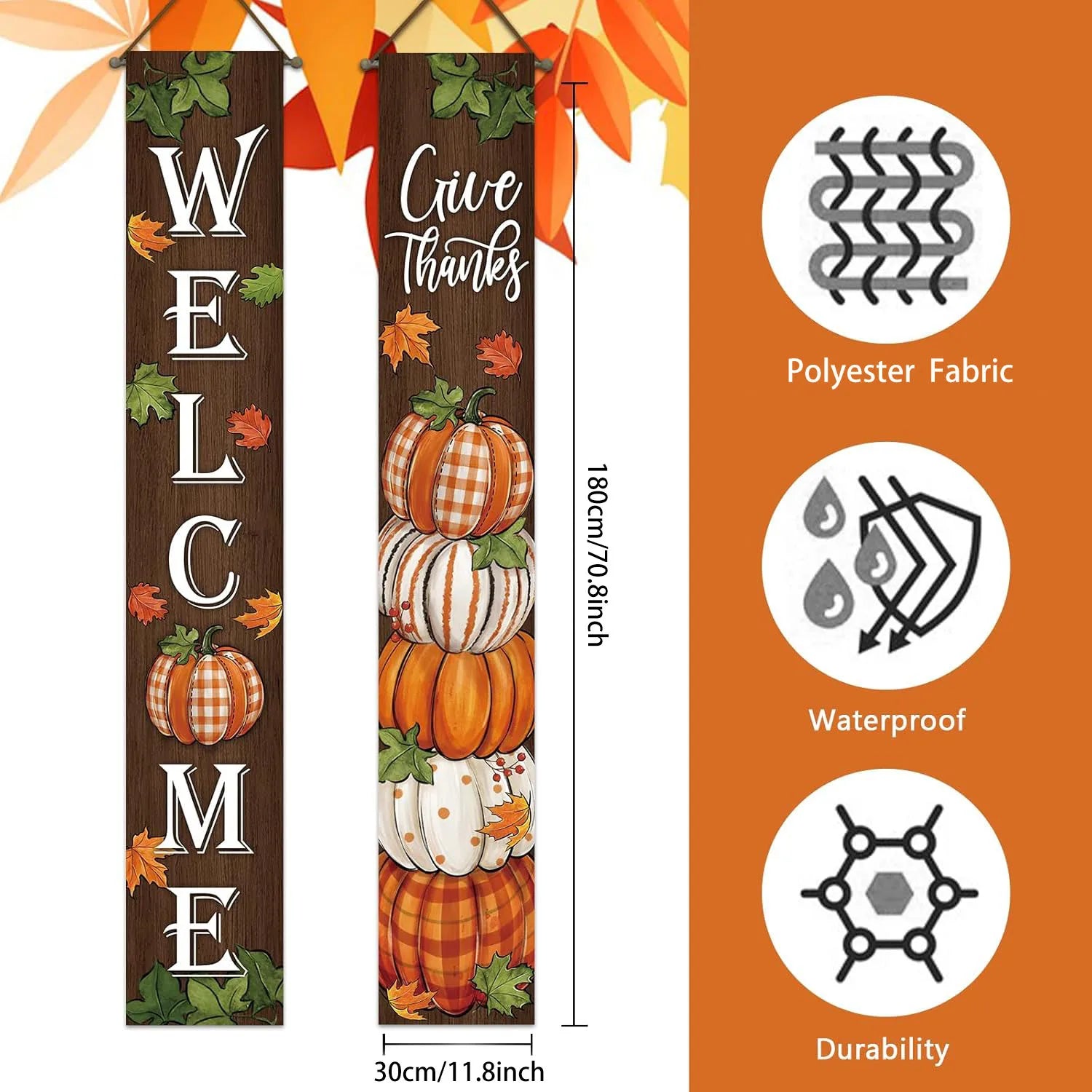 Thanksgiving Give Thanks Porch Banner Sign, Fall Pumpkin Patch Maple Leaves Front Door Decorative Hanging Welcome Banner Flag