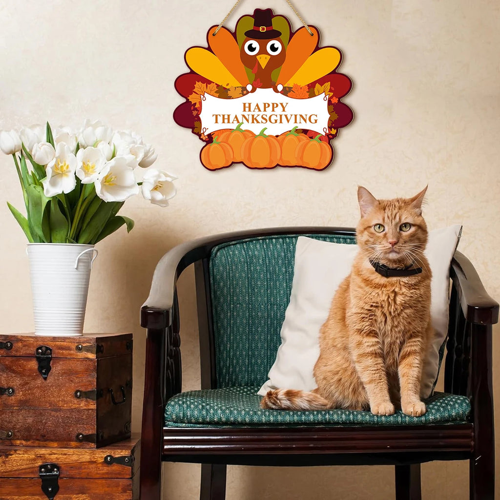 Thanksgiving - themed Wooden Hanging Sign with Cute Turkey, Pumpkins and Autumn Leaves, "Happy Thanksgiving" Message