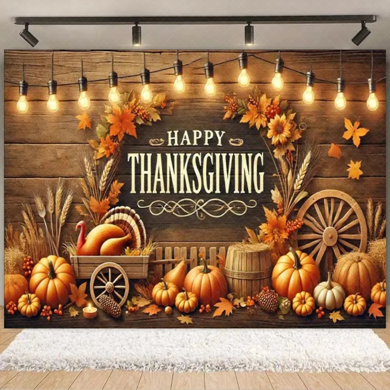 Autumn Harves Happy Thanksgiving Background Pumpkin Turkey Orange Backdrop Banner Party Decorations Supplies Family Party Gifts
