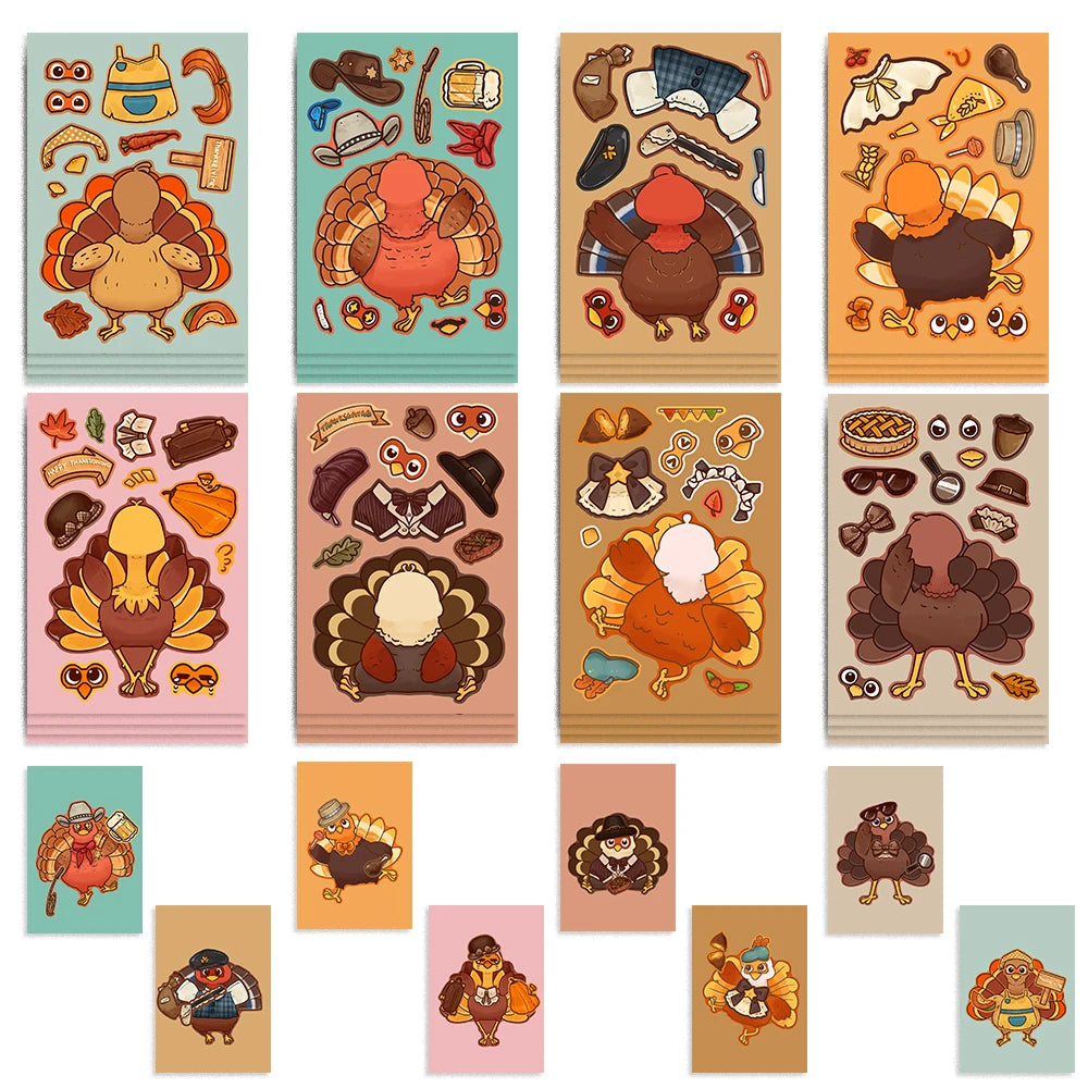 8/16/32pcs Cartoon Thanksgiving Day Sticker Funny Turkey Cute Children DIY Puzzle Make A Face Stickers Kids Educational Toys﻿
