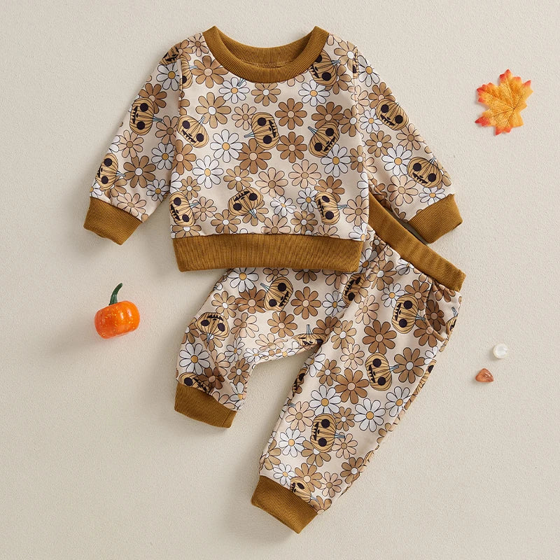 Baby Boys Halloween Costumes Spider Web Print Hoodie and Pants 2Pcs Set Toddler Fall Outfits with Pumpkin Design