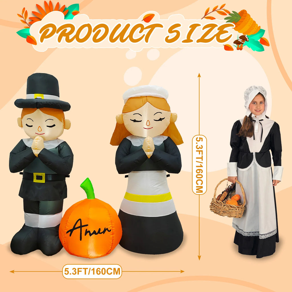 5FT Thanksgiving Pilgrim Inflatables Decor, Thankful Prayer Boy and Girl Pilgrim Decor with Pumpkin Devout Fall Yard Party Decor