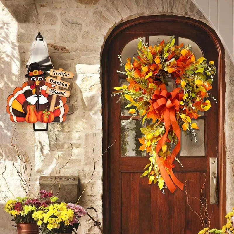 Thanksgiving Wooden Wreath Sign - Turkey & Pumpkin Front Door Decor with 'Thankful Blessed' Message, Fall Harvest Wall Art