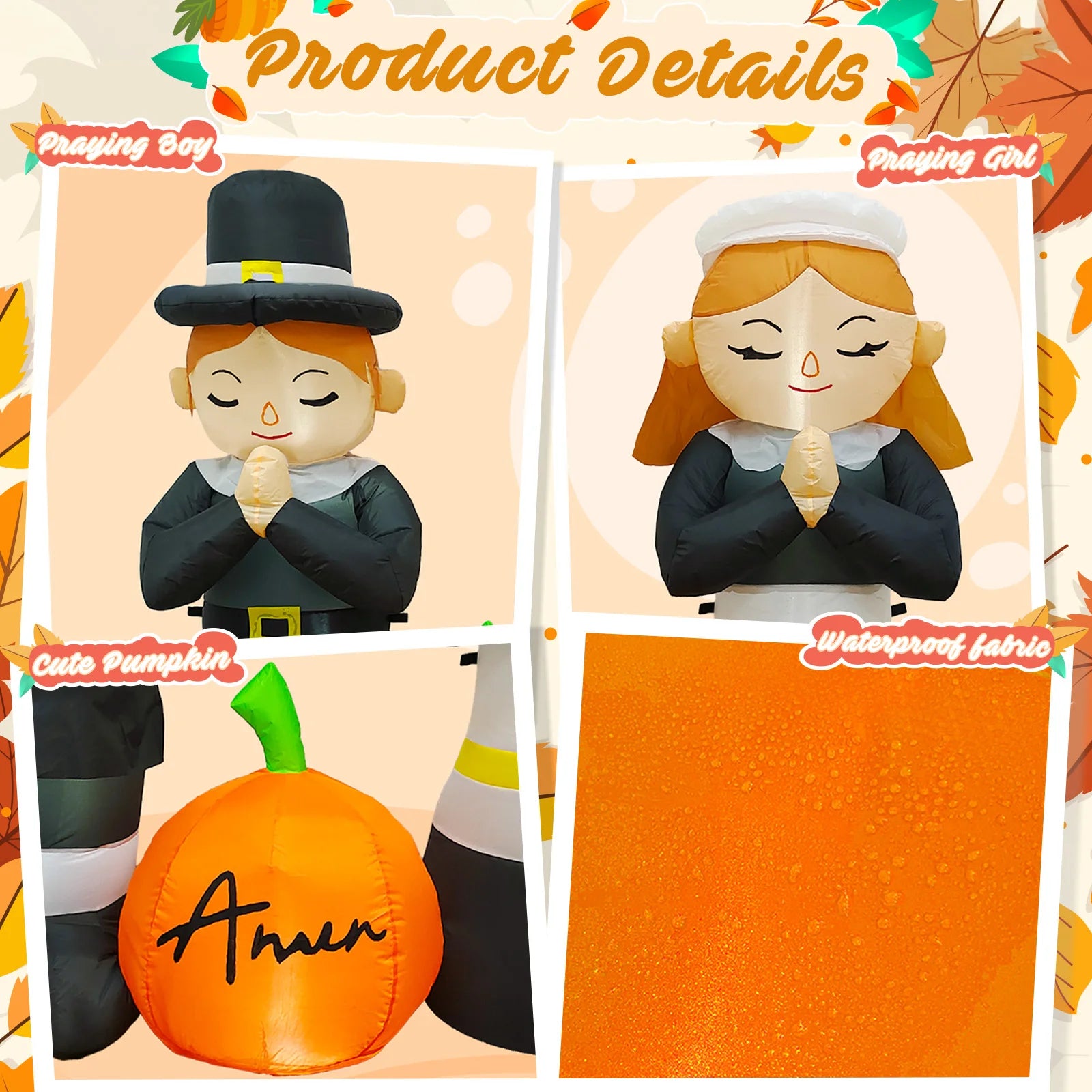 5FT Thanksgiving Pilgrim Inflatables Decor, Thankful Prayer Boy and Girl Pilgrim Decor with Pumpkin Devout Fall Yard Party Decor