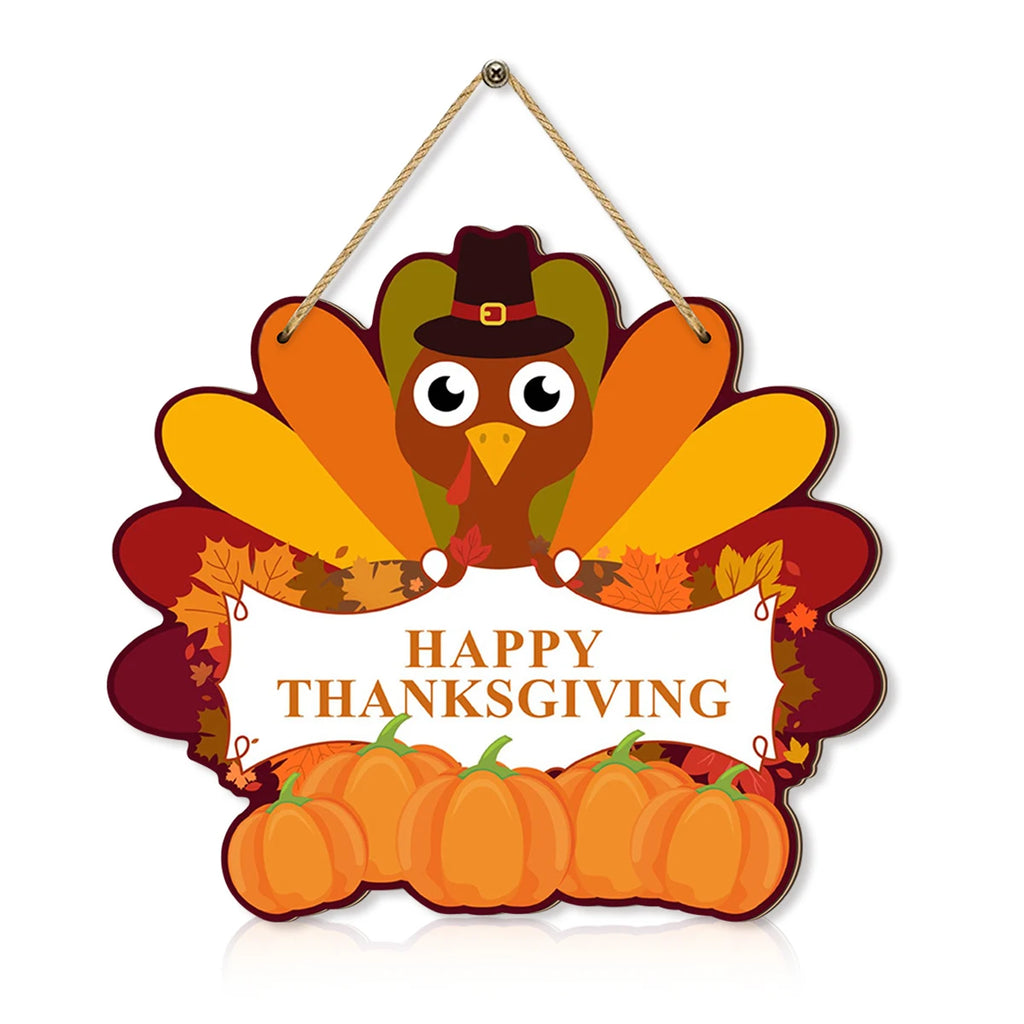 Thanksgiving - themed Wooden Hanging Sign with Cute Turkey, Pumpkins and Autumn Leaves, "Happy Thanksgiving" Message