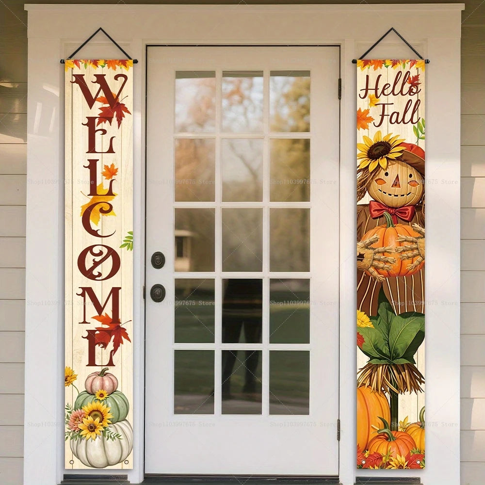 2D Thanksgiving Banners Maple Leaf Pumpkins Decorations Couplets Porch Sign Indoor Outdoor Wall Hanging Banners Party Supplies