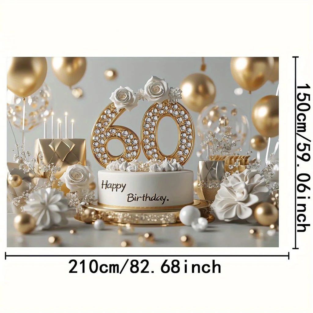 An elegant 60th anniversary birthday piece, featuring golden balloons, white roses, a decorated cake and a glittering "60".