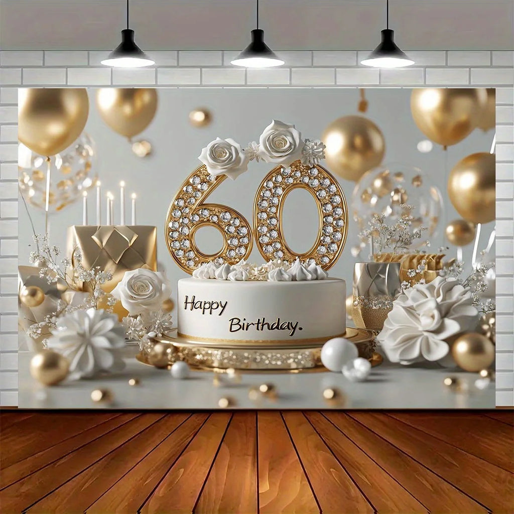 An elegant 60th anniversary birthday piece, featuring golden balloons, white roses, a decorated cake and a glittering "60".