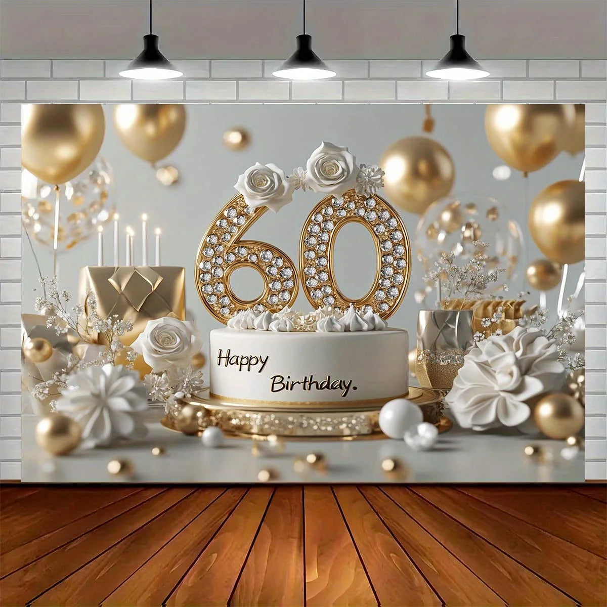 An elegant 60th anniversary birthday piece, featuring golden balloons, white roses, a decorated cake and a glittering "60".