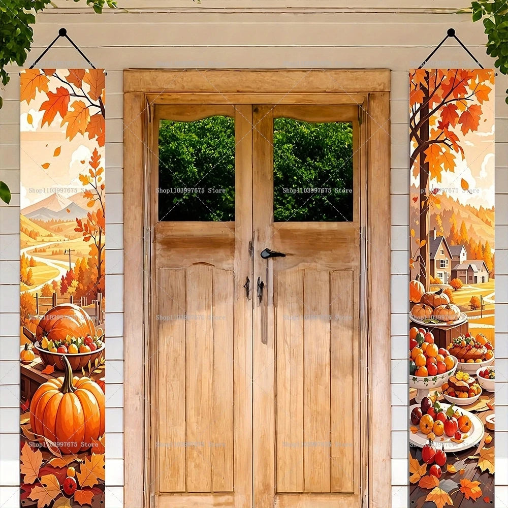 Thanksgiving Autumn Pumpkins Maple Leaf Banners Decorations Couplets Porch Welcome Sign Indoor Outdoor Wall Hanging Banners