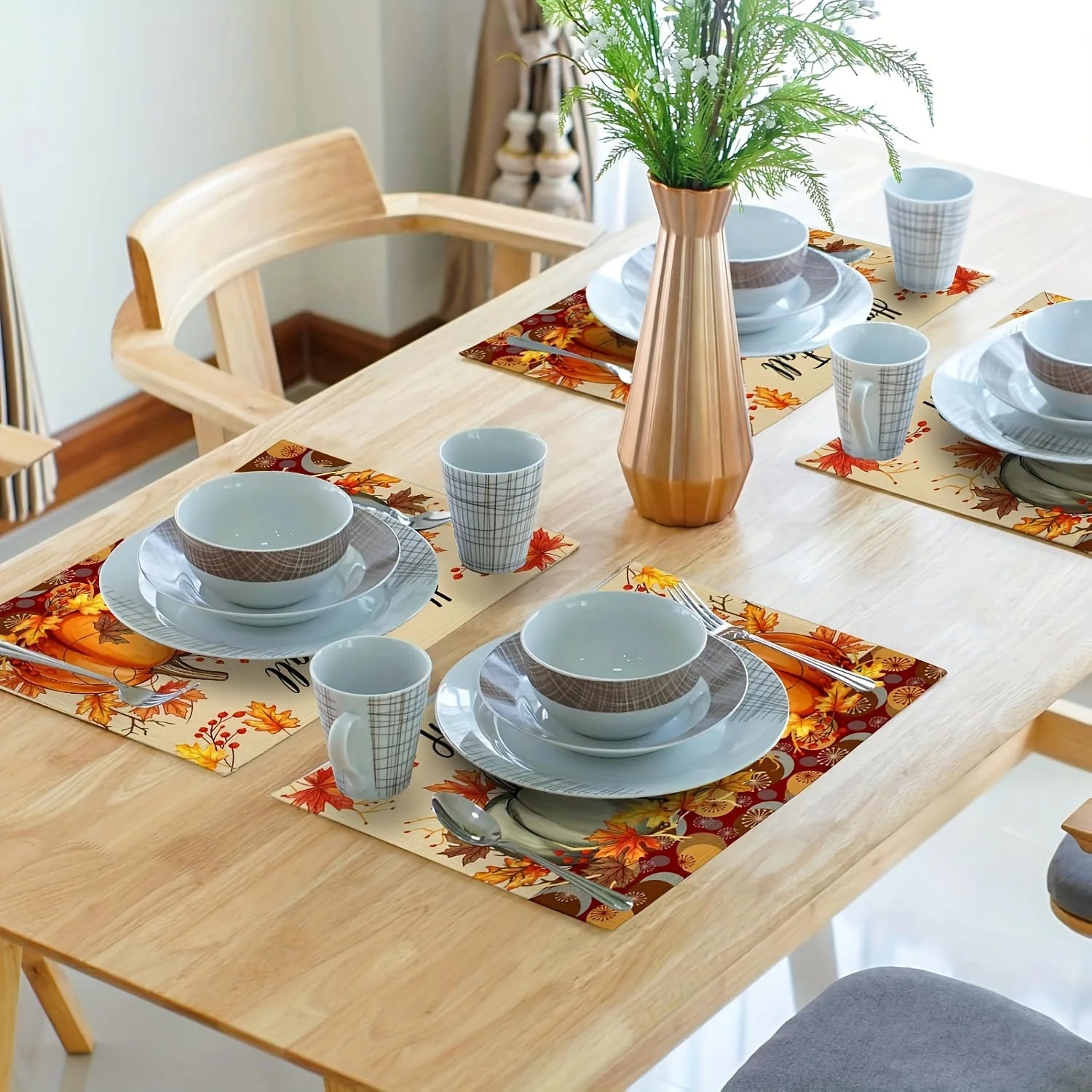 4pcs Thanksgiving Harvest Day Print Placemat Pumpkin Maple Leaf Vinyl Tableware Kitchen TableMat Coffe Cup Pad Non-slip Decorat