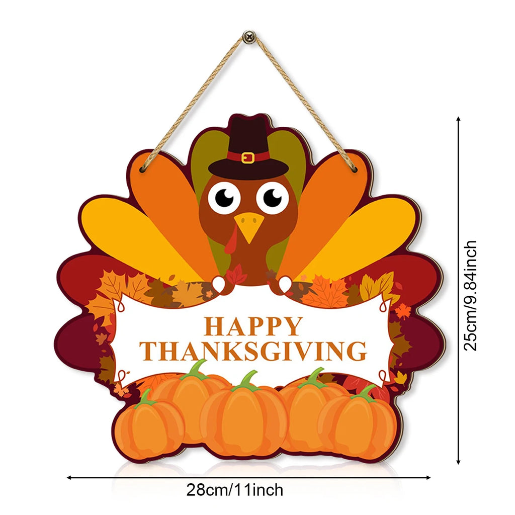 Thanksgiving - themed Wooden Hanging Sign with Cute Turkey, Pumpkins and Autumn Leaves, "Happy Thanksgiving" Message