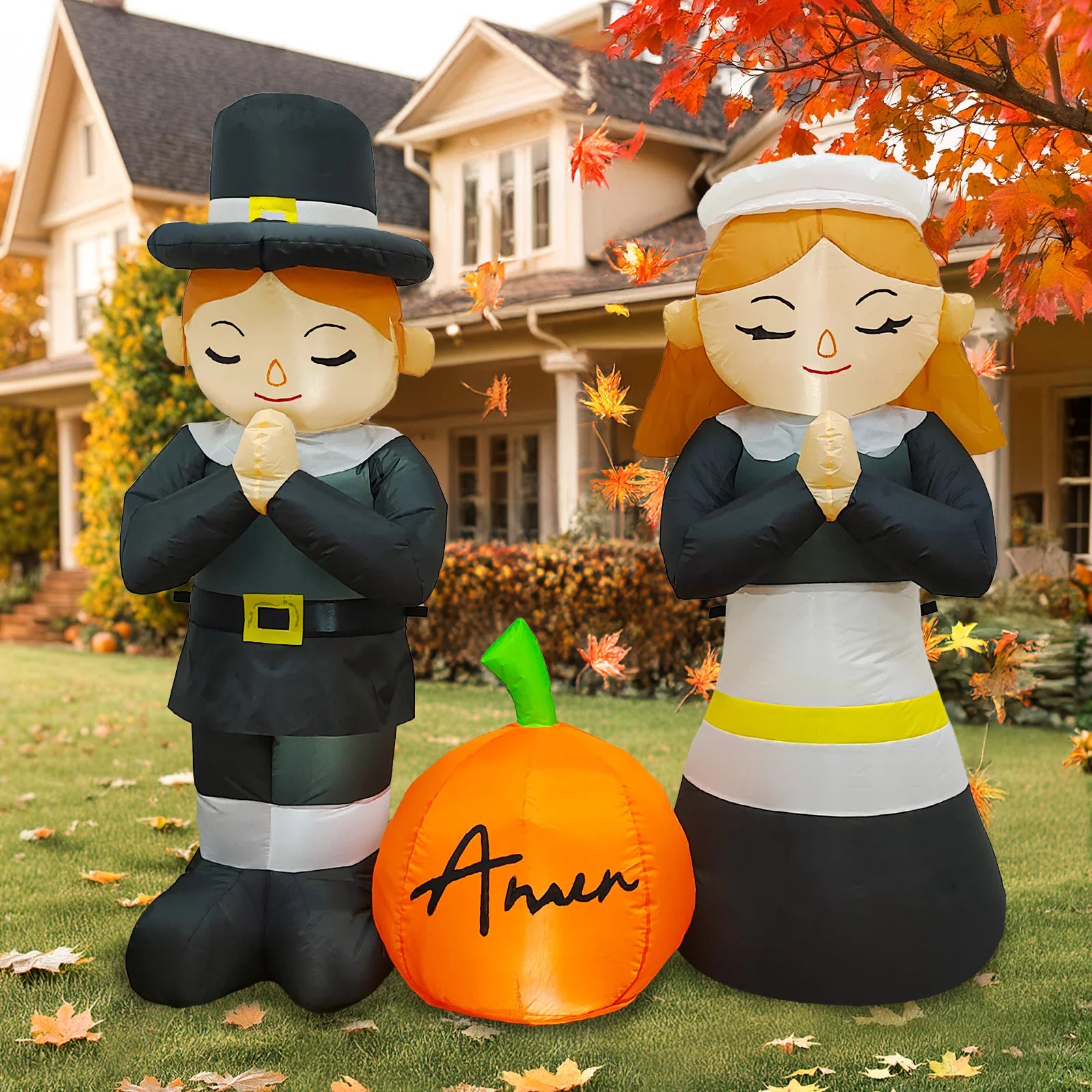5FT Thanksgiving Pilgrim Inflatables Decor, Thankful Prayer Boy and Girl Pilgrim Decor with Pumpkin Devout Fall Yard Party Decor