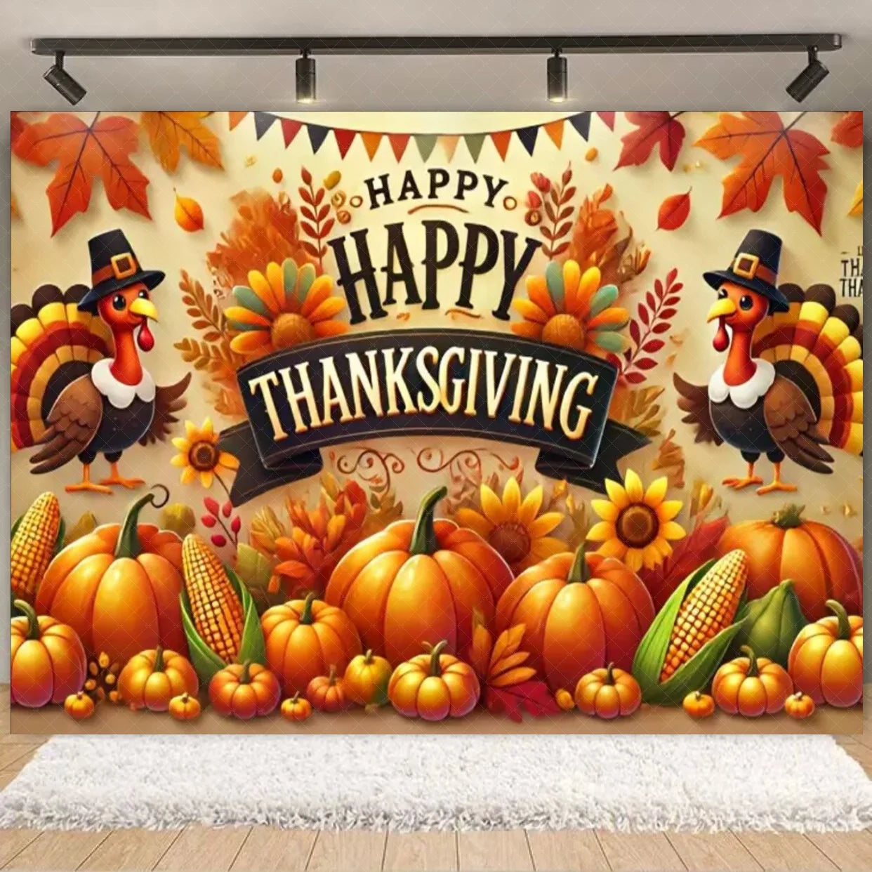 Autumn Harves Happy Thanksgiving Background Pumpkin Turkey Orange Backdrop Banner Party Decorations Supplies Family Party Gifts