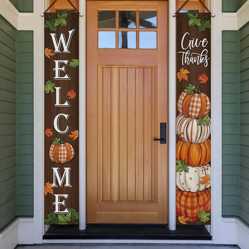 Thanksgiving Give Thanks Porch Banner Sign, Fall Pumpkin Patch Maple Leaves Front Door Decorative Hanging Welcome Banner Flag
