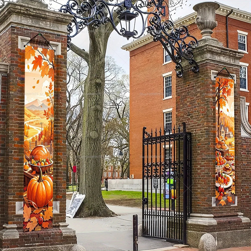 2D Thanksgiving Banners Maple Leaf Pumpkins Decorations Couplets Porch Sign Indoor Outdoor Wall Hanging Banners Party Supplies