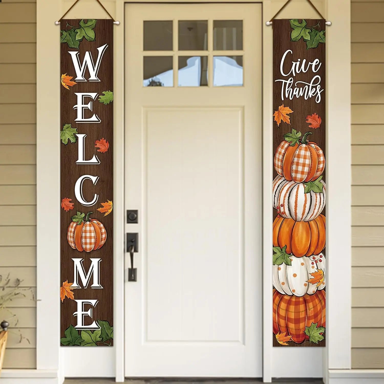 Thanksgiving Give Thanks Porch Banner Sign, Fall Pumpkin Patch Maple Leaves Front Door Decorative Hanging Welcome Banner Flag