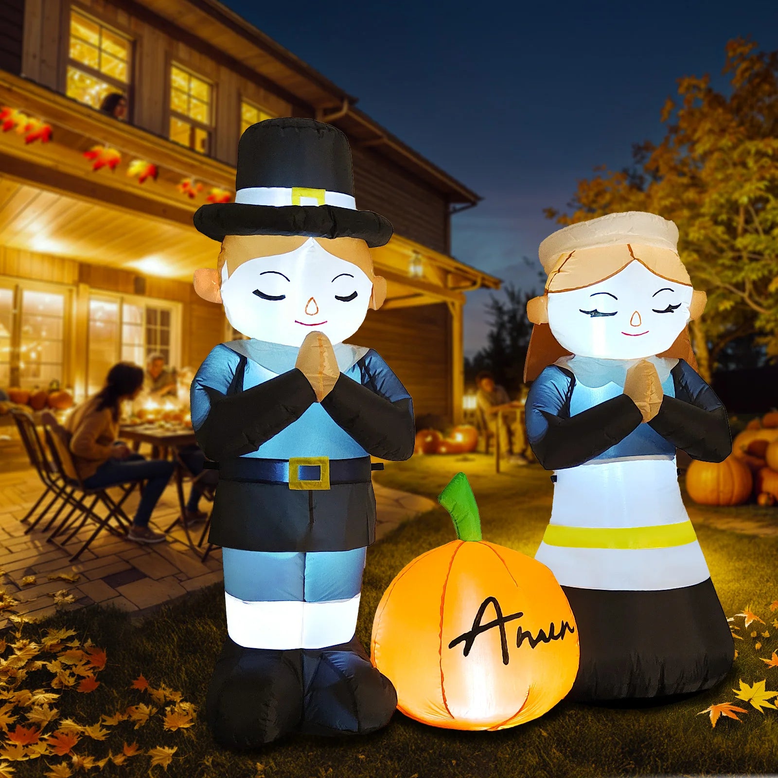 5FT Thanksgiving Pilgrim Inflatables Decor, Thankful Prayer Boy and Girl Pilgrim Decor with Pumpkin Devout Fall Yard Party Decor