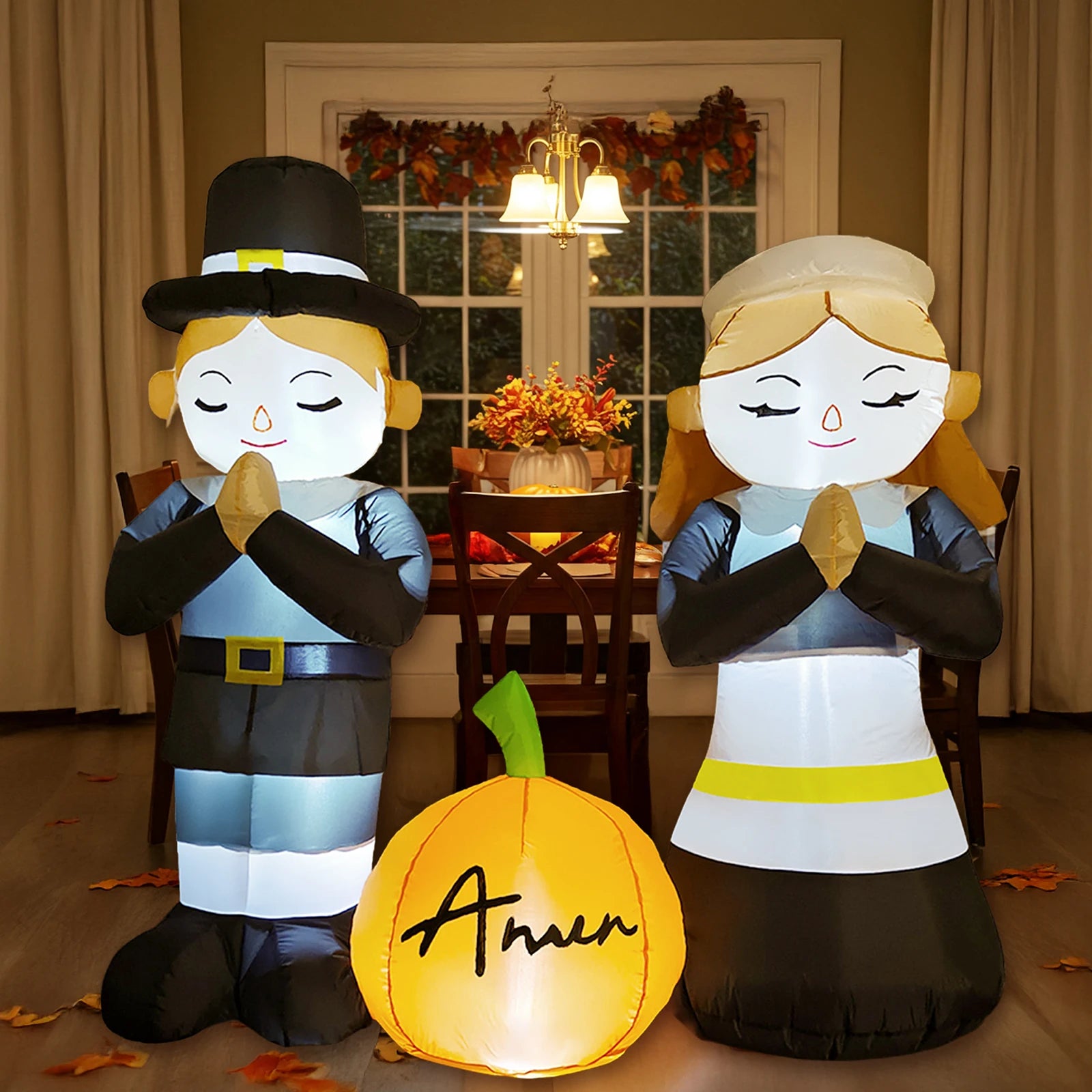 5FT Thanksgiving Pilgrim Inflatables Decor, Thankful Prayer Boy and Girl Pilgrim Decor with Pumpkin Devout Fall Yard Party Decor