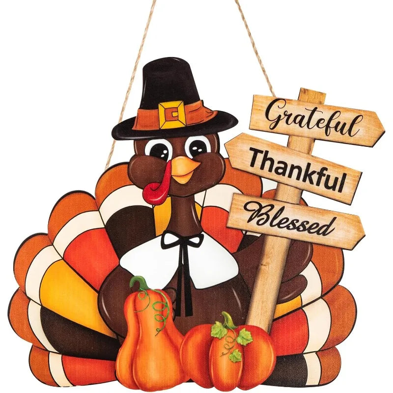Thanksgiving Wooden Wreath Sign - Turkey & Pumpkin Front Door Decor with 'Thankful Blessed' Message, Fall Harvest Wall Art