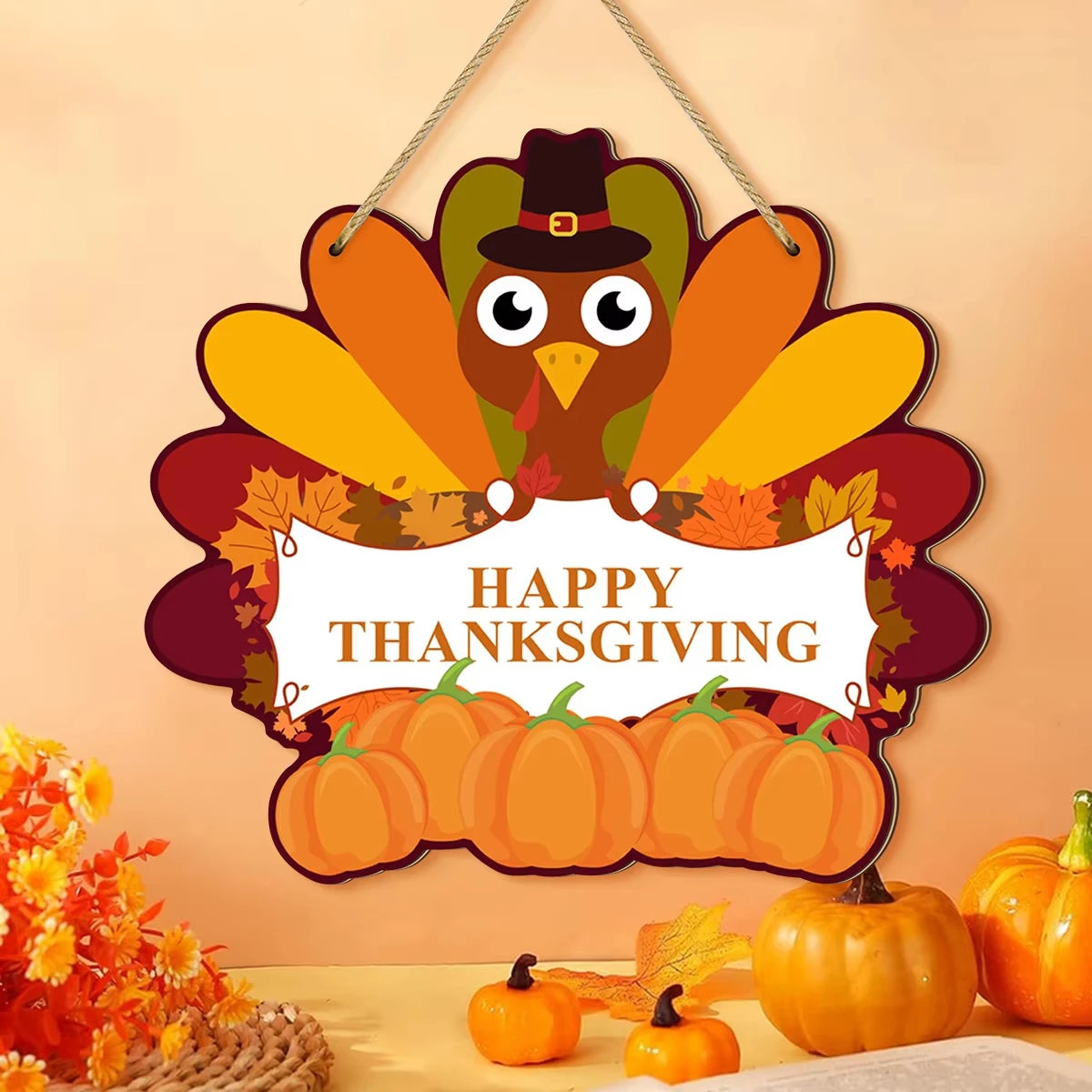 Thanksgiving themed wooden hanging sign decoration with cute turkey, pumpkin , Happy Thanksgiving message wood board sign
