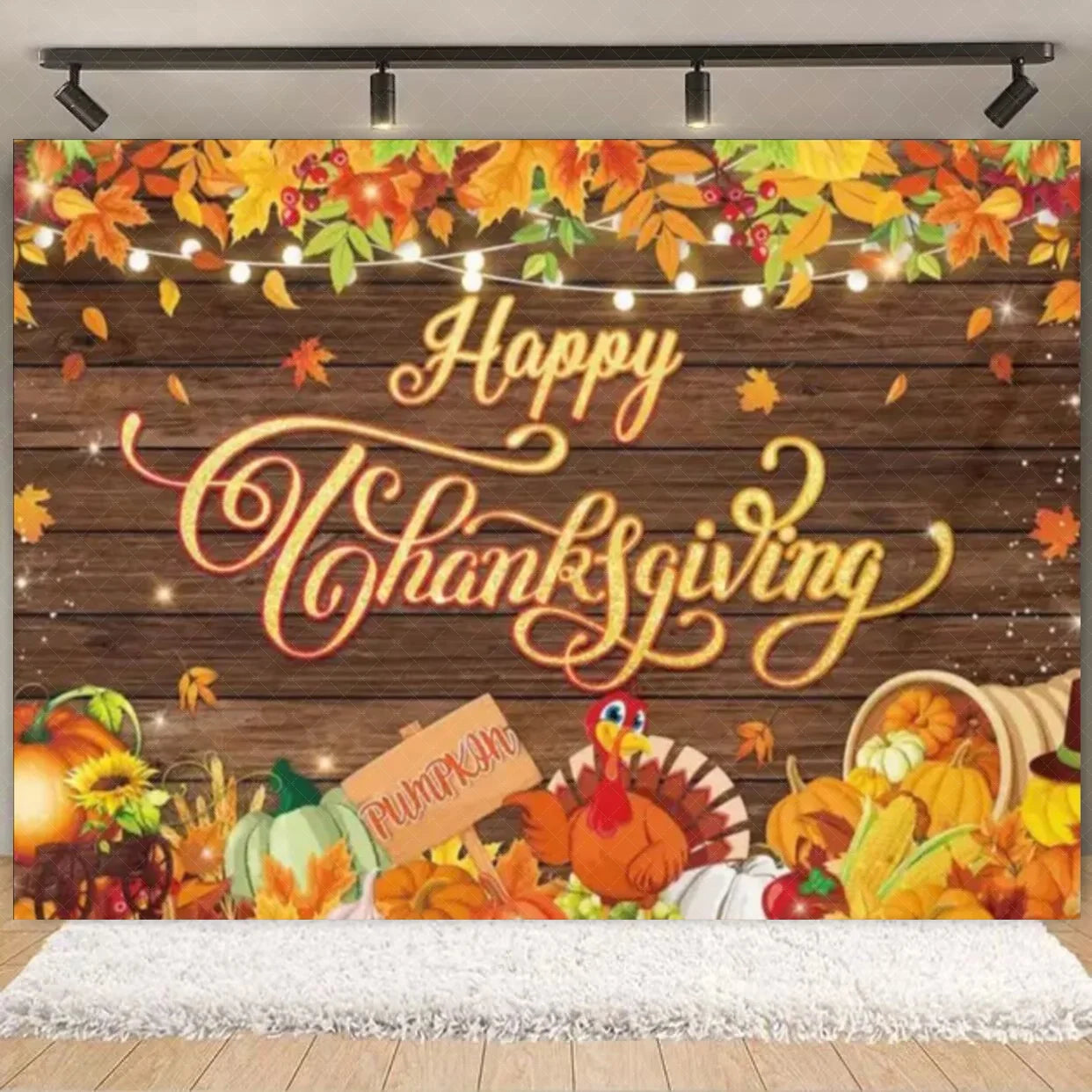 Autumn Harves Happy Thanksgiving Background Pumpkin Turkey Orange Backdrop Banner Party Decorations Supplies Family Party Gifts