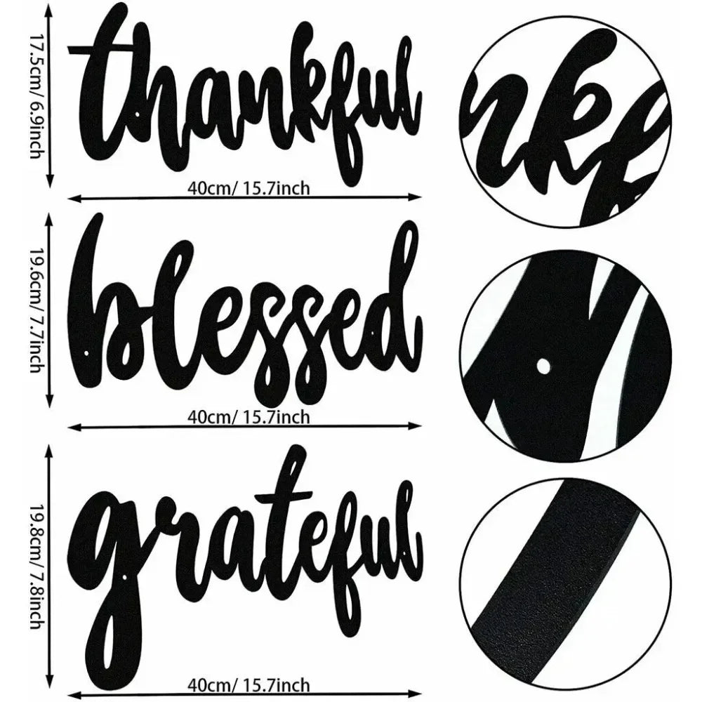 3pc Wall Sign Set for Thanksgiving - “Thankful,” “Grateful,” “Blessed.” Decorative Iron Craft & Hanging.