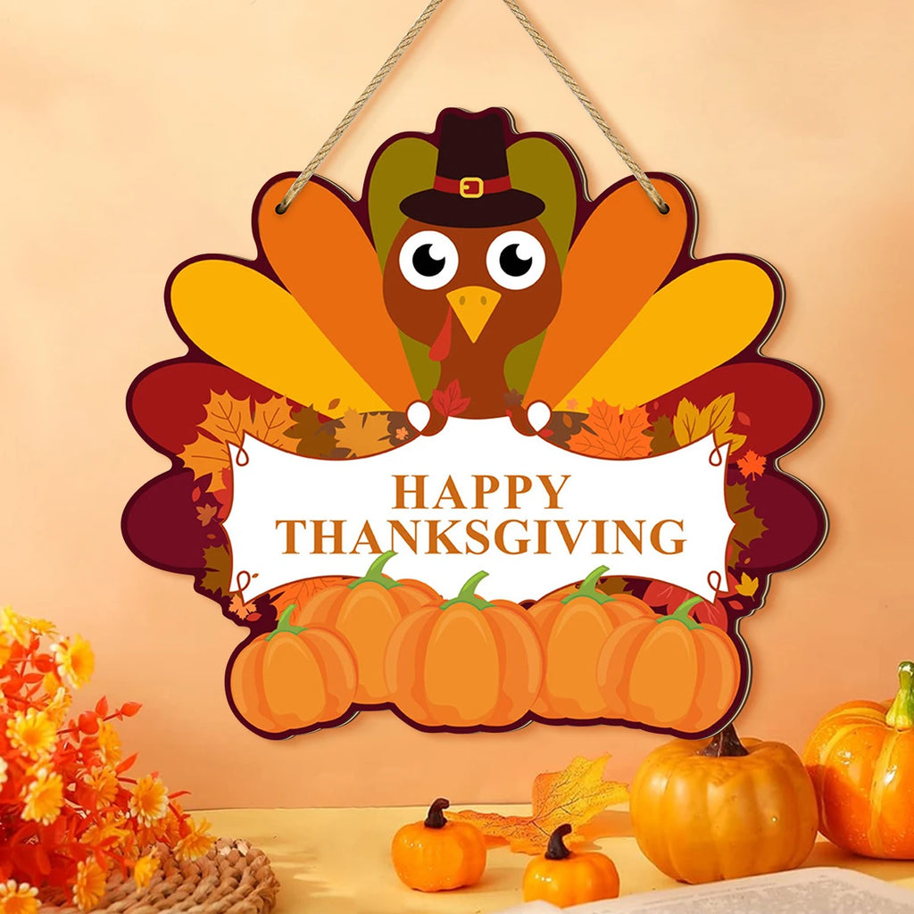 Thanksgiving - themed Wooden Hanging Sign with Cute Turkey, Pumpkins and Autumn Leaves, "Happy Thanksgiving" Message