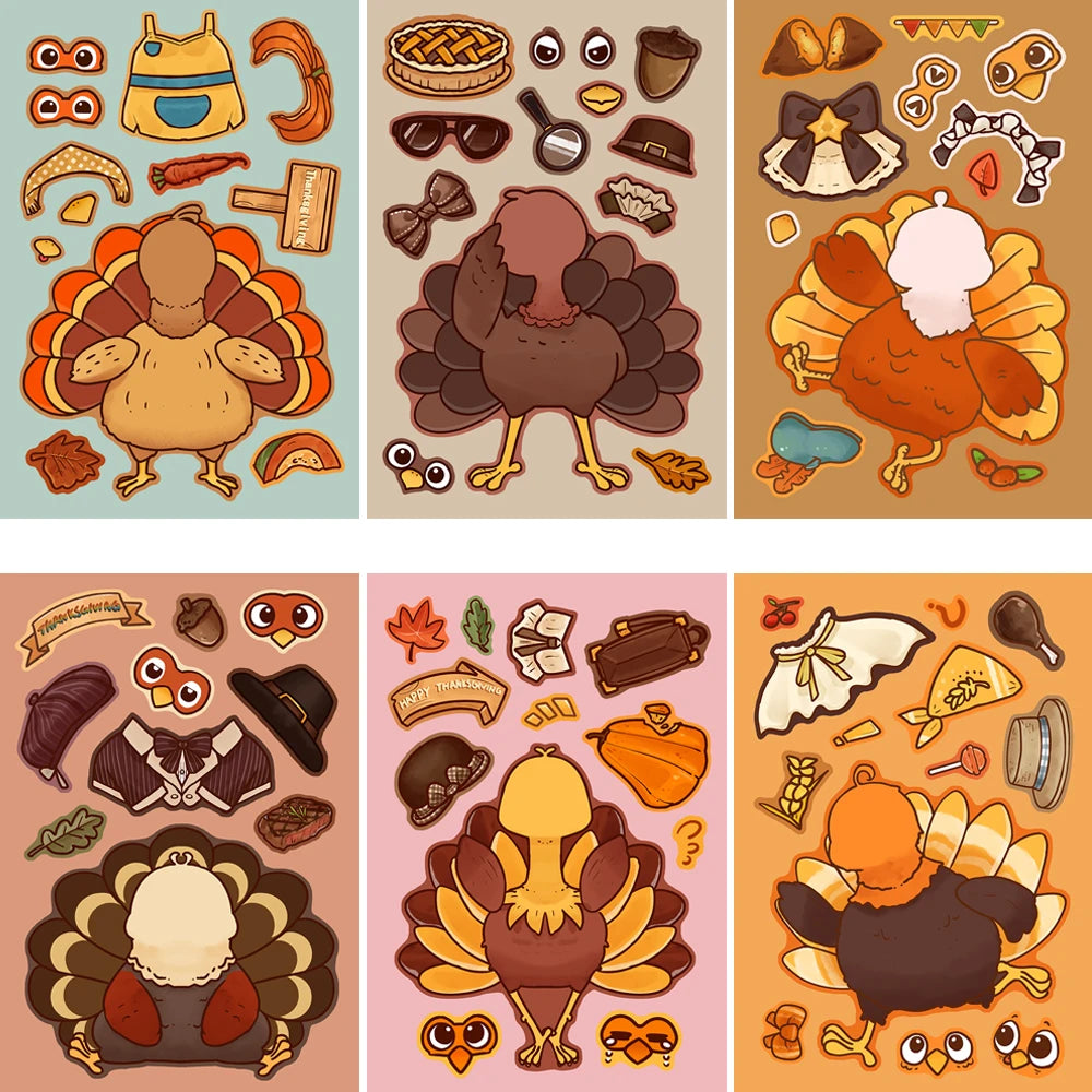 8/16/32pcs Cartoon Thanksgiving Day Sticker Funny Turkey Cute Children DIY Puzzle Make A Face Stickers Kids Educational Toys﻿