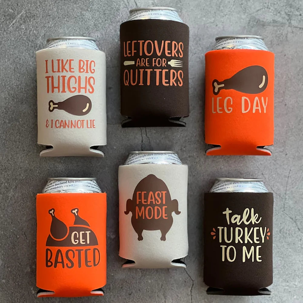 Set of 6 Funny Thanksgiving Favor Can Coolers Table Decoration Friendsgiving Accessories Home Items Talk Turkey To Me Feast Mode